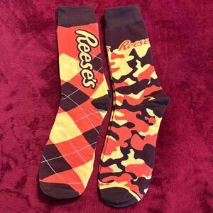 Reeses Peanut Butter Cups Crew Socks 2 PAIR Argyle Camo Orange Brown Yellow